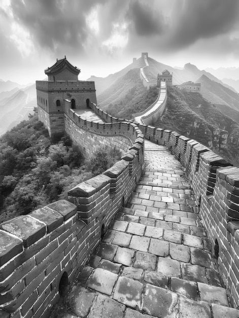 Monochromatyczny widok Wielkiego Muru Chińskiego na Dzień Światowego Dziedzictwa