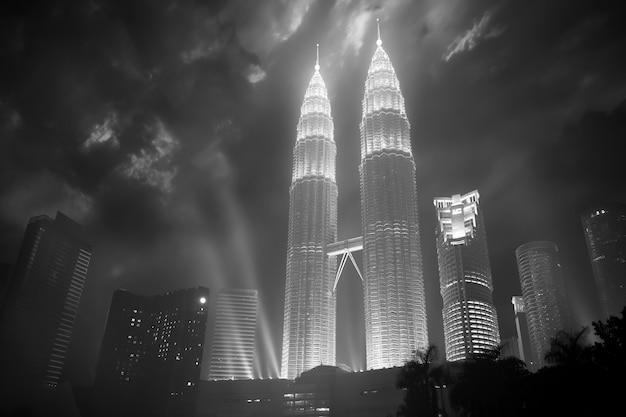 Monochromatyczny widok wież Petronas na Dzień Światowego Dziedzictwa
