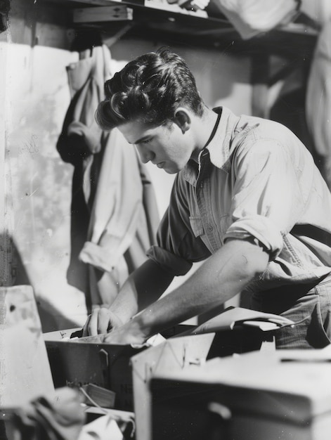 Bezpłatne zdjęcie monochrome portrait of retro man doing housework and household chores