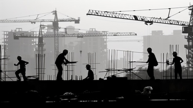 Bezpłatne zdjęcie monochrome scene depicting life of workers on a construction industry site