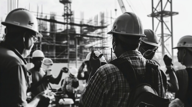 Bezpłatne zdjęcie monochrome scene depicting life of workers on a construction industry site