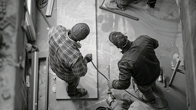 Monokromatyczna scena przedstawiająca życie robotników na budowie
