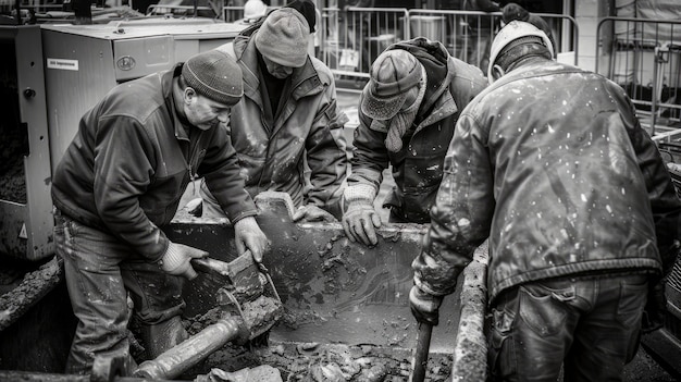 Monokromatyczna scena przedstawiająca życie robotników na budowie