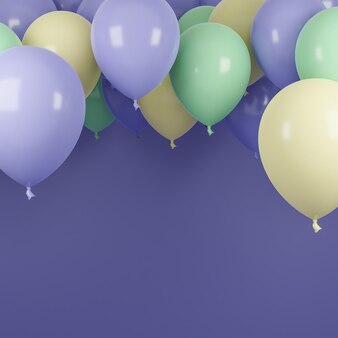 Multi kolorowe balony unoszące się w fioletowym tle pastelowych. przyjęcie urodzinowe i koncepcja nowego roku. model 3d i ilustracja.