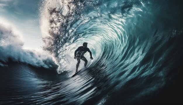 Muskularny surfer jeździ na beczce w generatywnej sztucznej inteligencji tropikalnego raju