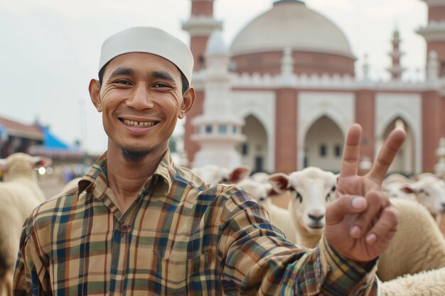 Bezpłatne zdjęcie muzułmanie z fotorealistycznymi zwierzętami przygotowanymi do ofiary eid al-adha