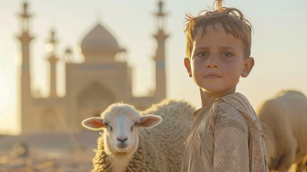 Muzułmanie z fotorealistycznymi zwierzętami przygotowanymi do ofiary eid al-adha