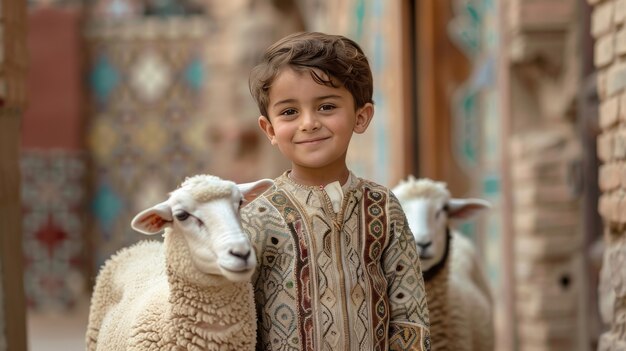 Muzułmanie z fotorealistycznymi zwierzętami przygotowanymi do ofiary eid al-adha