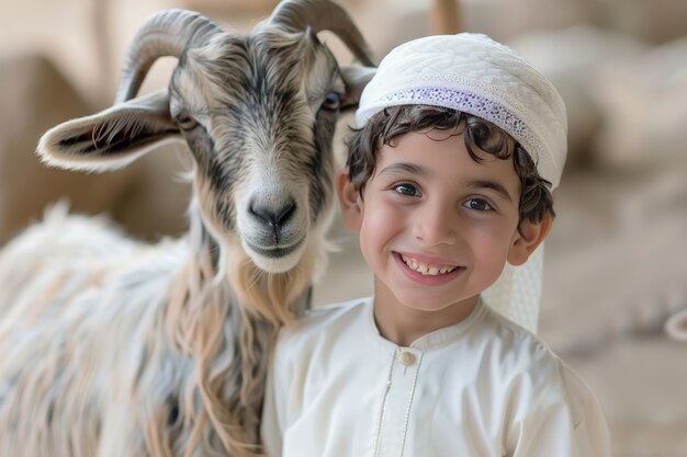 Muzułmanie z fotorealistycznymi zwierzętami przygotowanymi do ofiary eid al-adha