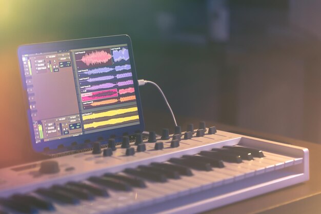 Muzyczna klawiatura i tablet w ciemnym pokoju produkcji muzycznej