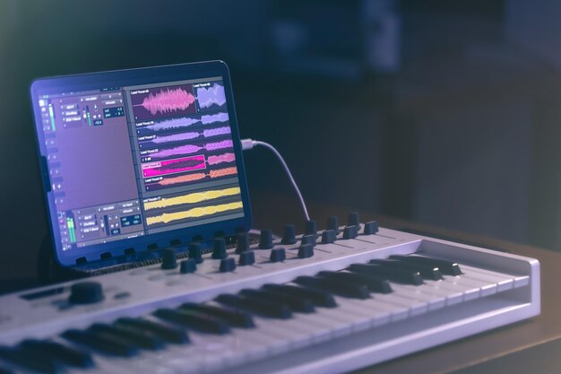 Muzyczna klawiatura i tablet w ciemnym pokoju produkcji muzycznej