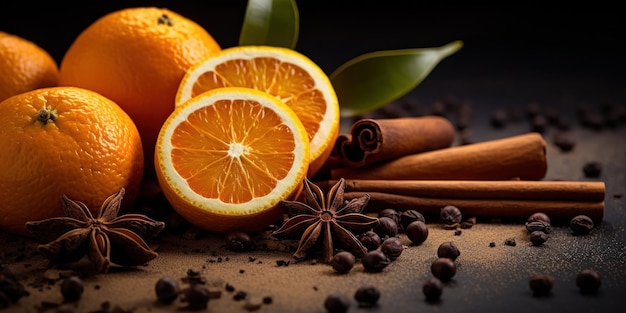 Bezpłatne zdjęcie na cieniowym tle leżą na połowie pokrojone pomarańcze obok cynamonowych patyczków i rozrzuconych nasion