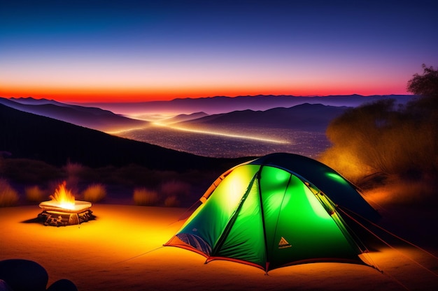 Bezpłatne zdjęcie namiot rozbija się przed górą o zachodzie słońca.