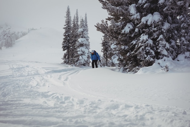 Narciarz na nartach po zaśnieżonych górach