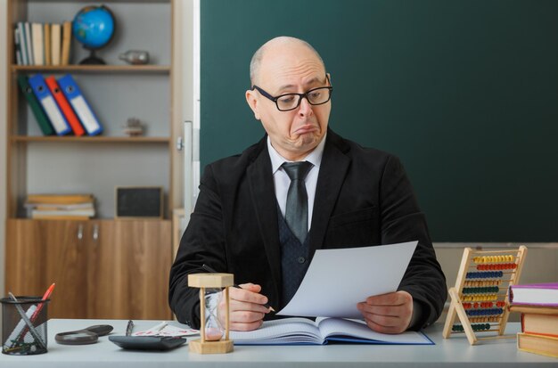 Nauczyciel w okularach siedzący przy ławce szkolnej przed tablicą w klasie, sprawdzający pracę domową uczniów wyglądających na zdziwionych i zaskoczonych