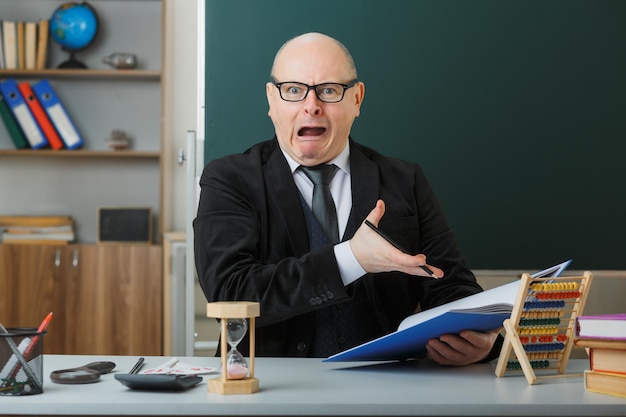 Nauczyciel W Okularach Siedzi Przy ławce Szkolnej, Sprawdzając Rejestr Klasowy Przed Tablicą W Klasie, Patrząc Na Kamerę W Panice, Robiąc Krzywe Usta