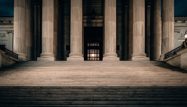 Bezpłatne zdjęcie neoklasyczna fasada gmachu sądu oświetlona nocą, wygenerowana przez sztuczną inteligencję