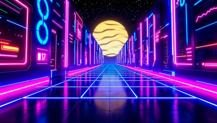 Bezpłatny plik Zdjęcie neonowy futurystyczny krajobraz miejski z retro wibracją