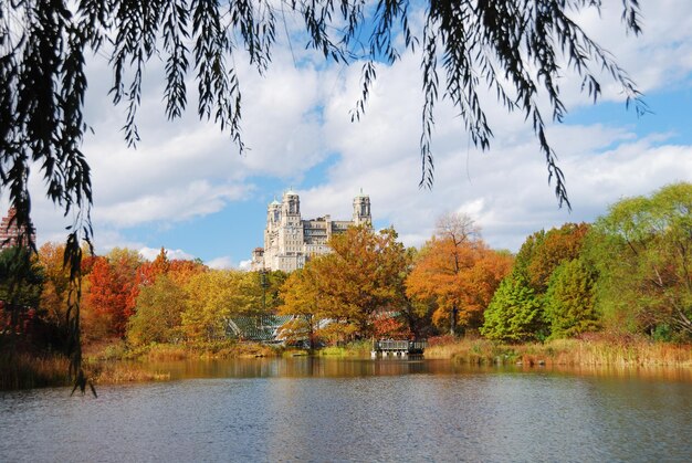 Bezpłatne zdjęcie new york city central park jesienią z wieżowcami manhattanu i kolorowymi drzewami nad jeziorem z odbicia.