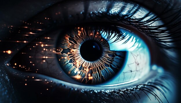 Niebieska tęczówka wpatrująca się w zbliżenie ludzkiego oka wygenerowana przez sztuczną inteligencję