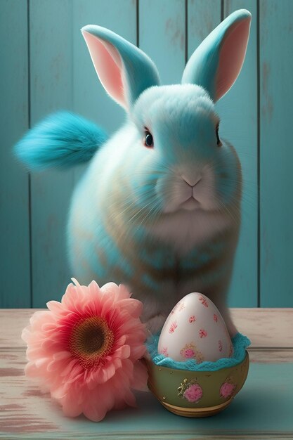 Bezpłatne zdjęcie niebieski króliczek z malowanym jajkiem obok.