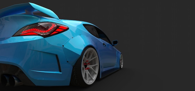 Niebieski mały samochód sportowy coupe na szarym tle. renderowania 3d.