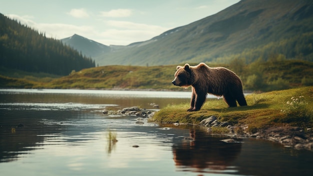 Niedźwiedź na brzegu rzeki w górach