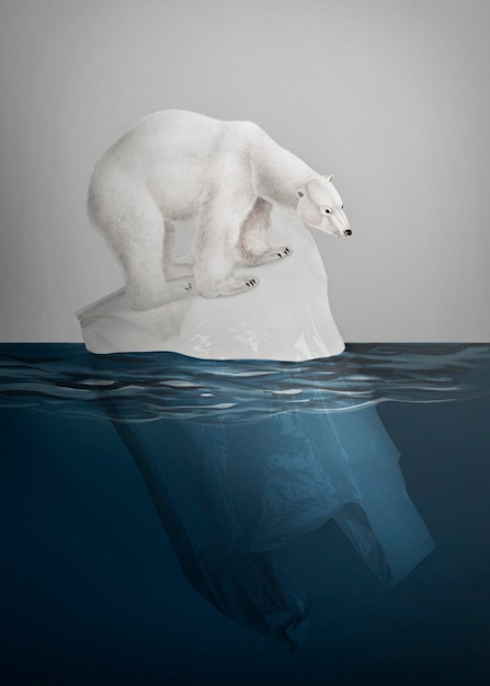 Bezpłatne zdjęcie niedźwiedź polarny stojący na kampanii wymierania zwierząt z topniejącej góry lodowej