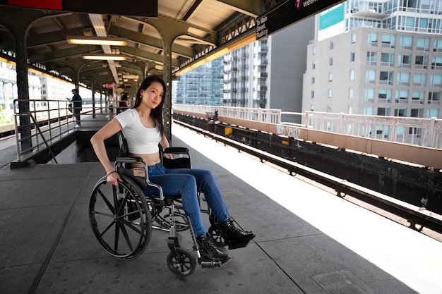 Niepełnosprawna kobieta na stacji kolejowej w pełnym ujęciu