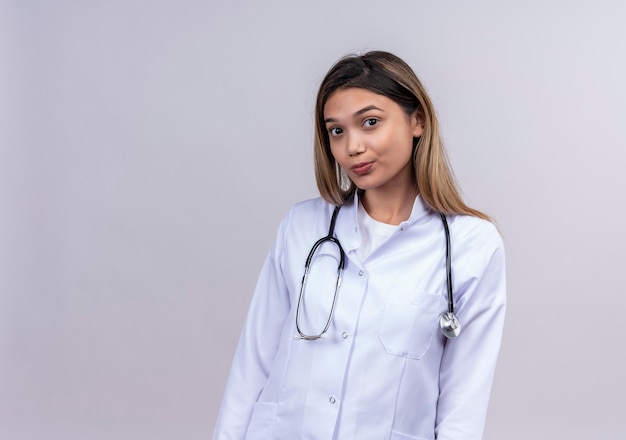 Nieśmiała młoda piękna kobieta lekarz ubrany w biały fartuch ze stetoskopem