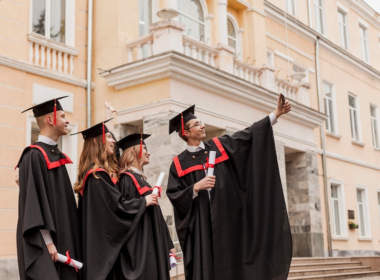 Bezpłatny plik Zdjęcie niski kąt studentów przy selfie