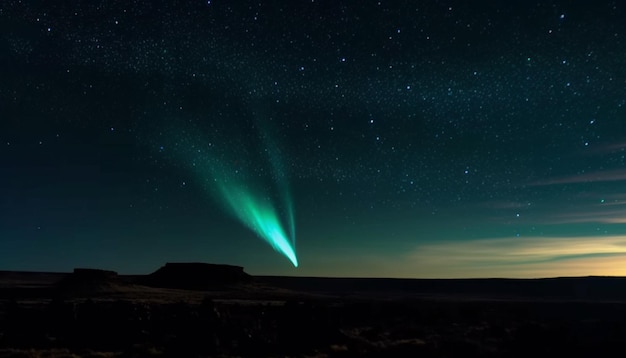 Bezpłatne zdjęcie nocna przygoda świecący ślad gwiazd oświetla majestatyczny górski krajobraz wygenerowany przez sztuczną inteligencję