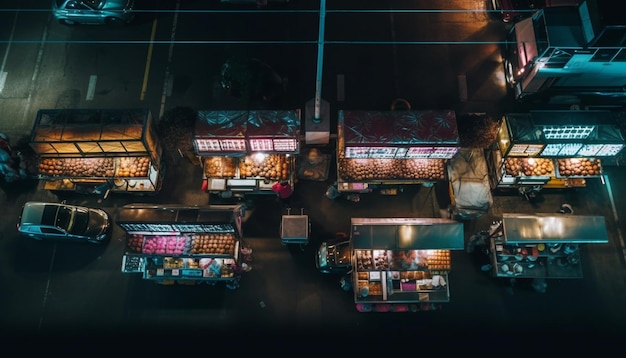 Nocna ulica miasta zatłoczona oświetlonymi samochodami generowanymi przez sztuczną inteligencję