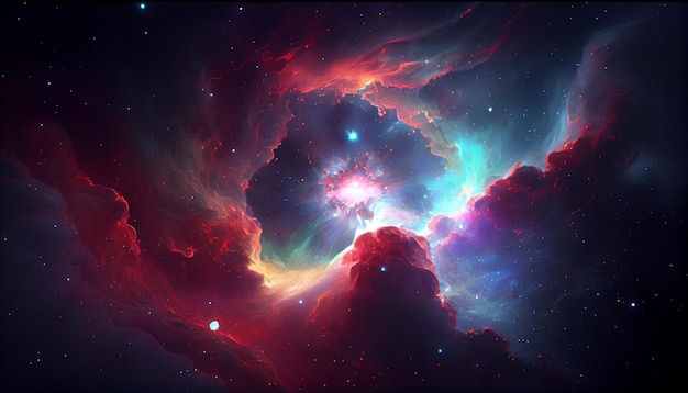 Nocne niebo ujawnia świecącą mgławicę pośród pola gwiazd generowanego przez sztuczną inteligencję
