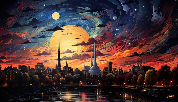 Nocny pejzaż miejski z architekturą, drapaczem chmur, zmierzchem, miejską panoramą, zachodem słońca, życiem miasta generowanym przez sztuczną inteligencję