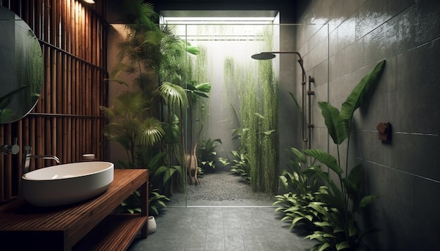 Bezpłatne zdjęcie nowoczesna elegancja oświetla domową łazienkę niebieskimi płytkami i zieloną rośliną wygenerowaną przez sztuczną inteligencję