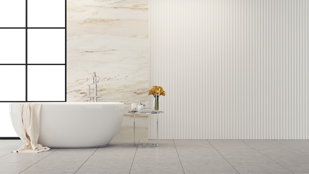 Nowoczesna i loftowa aranżacja łazienki, biała wanna z marmurową ścianą