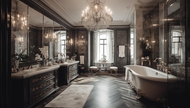 Bezpłatne zdjęcie nowoczesna luksusowa łazienka z eleganckim żyrandolem z marmurową umywalką i podświetlanym kranem generowanym przez ai