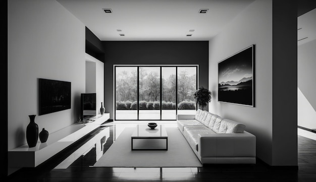 Bezpłatne zdjęcie nowoczesna, minimalistyczna aranżacja wnętrz jasnego, jasnego, monochromatycznego pokoju z czarno-białymi meblami c
