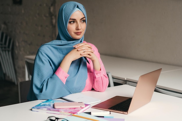 Bezpłatne zdjęcie nowoczesna muzułmanka w hidżabie w pokoju biurowym