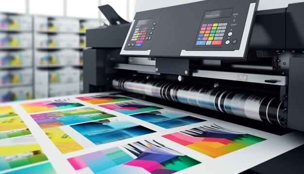 Nowoczesna prasa drukarska produkuje wielokolorowe wydruki precyzyjnie generowane przez sztuczną inteligencję