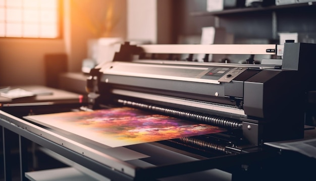 Nowoczesna prasa drukarska tworzy kolorowe dokumenty w pomieszczeniach, generowane przez sztuczną inteligencję