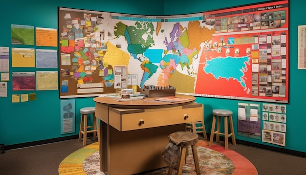 Bezpłatne zdjęcie nowoczesna sala lekcyjna z mapą świata i technologią generowaną przez sztuczną inteligencję