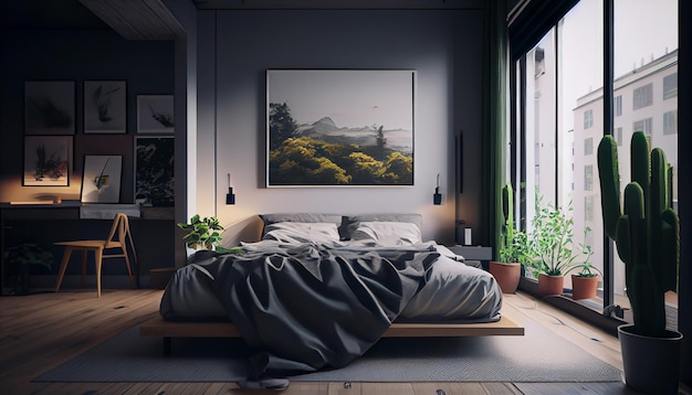 Nowoczesna sypialnia z wygodnym łóżkiem w pobliżu okna Generative AI