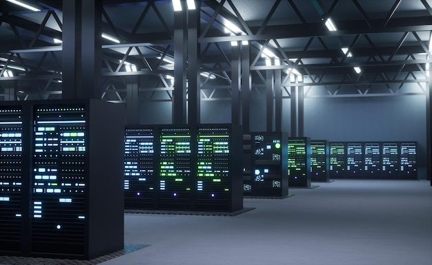 Nowoczesne centrum danych świadczące usługi w chmurze, umożliwiające firmom dostęp do zasobów obliczeniowych i pamięci masowej na żądanie przez Internet. Animacja renderowania 3D infrastruktury serwerowni