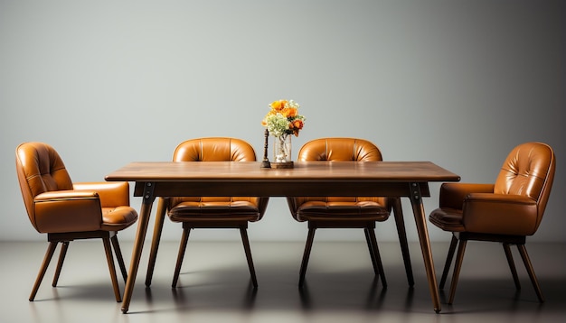Bezpłatne zdjęcie nowoczesne krzesło z drewnianym stołem, elegancją, luksusem, wygodną prostotą generowaną przez sztuczną inteligencję