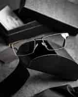 Bezpłatne zdjęcie nowoczesne optyczne okulary przeciwsłoneczne z widokiem z przodu na szarym biurku izolowały wzrok