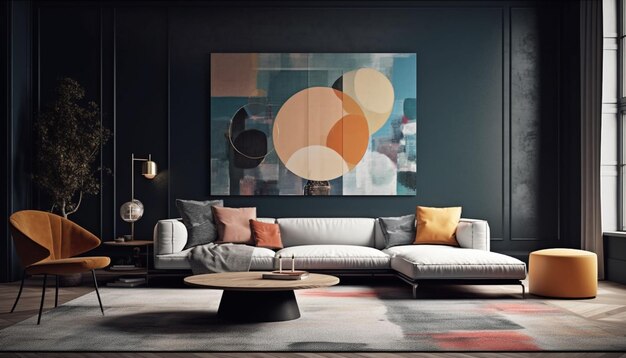 Nowoczesny apartament z wygodną sofą i wystrojem wygenerowanym przez AI