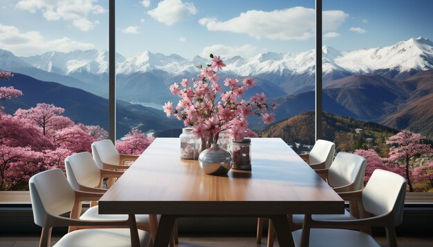 Bezpłatne zdjęcie nowoczesny design z drewnianą podłogą i widokiem na góry z balkonu generowanym przez sztuczną inteligencję