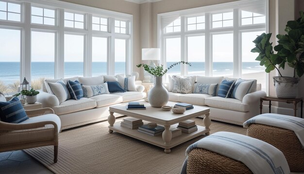 Nowoczesny luksusowy salon z wygodną sofą, eleganckim wystrojem i szerokimi oknami generowanymi przez AI